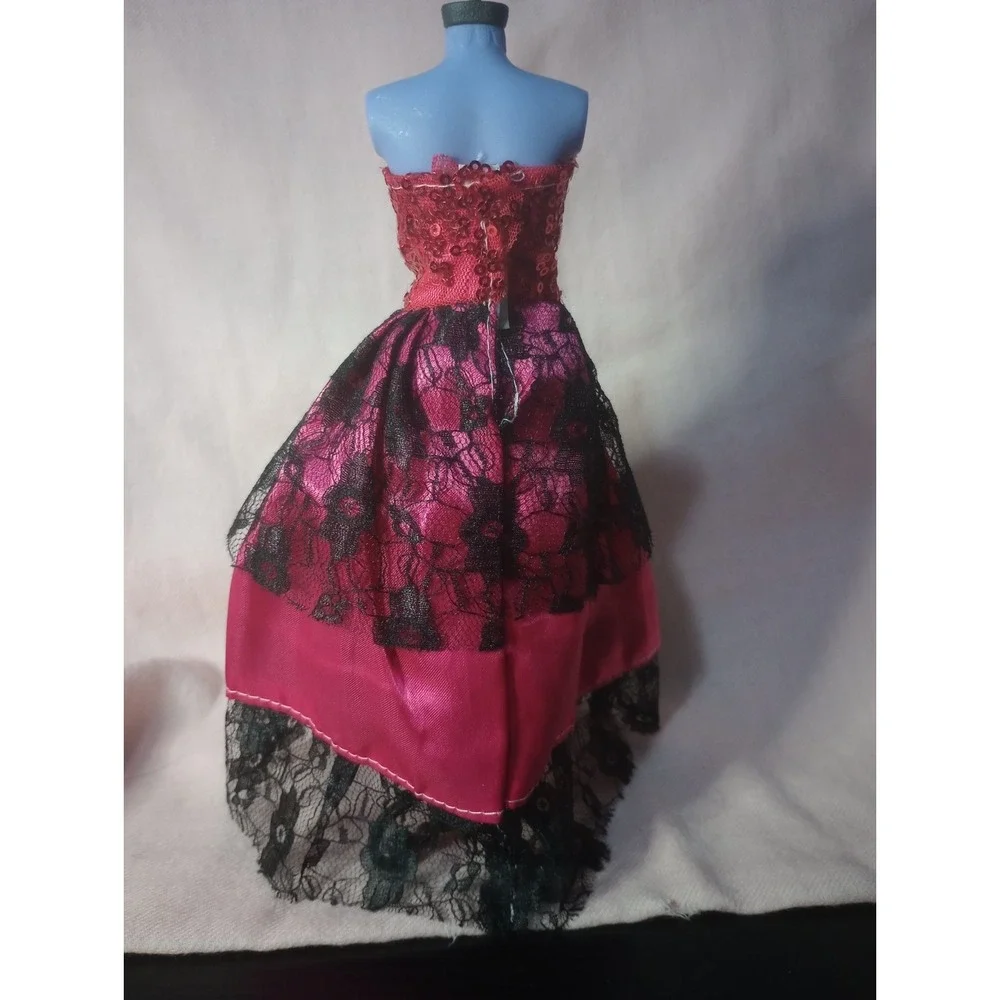 Barbie Doll Fashion Pink & Black Lace Sequin Evening Gown Dress Handmade‎ OOAK